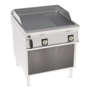 Grătar electric independent cu placă 1/3 striată din crom periat pe cabinet deschis
