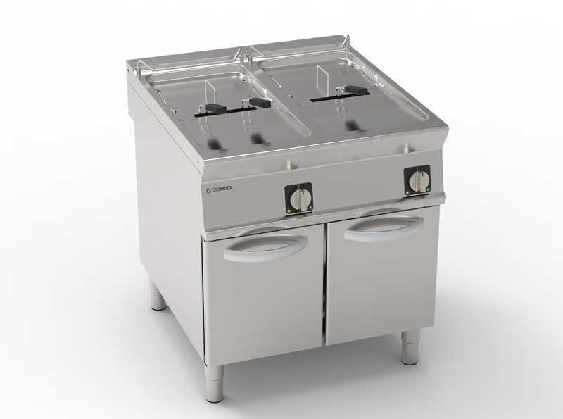 Friteuză electrică cu două cuve 17+17L, cu elemente de încălzire rotative în cuvă, pe cabinet închis