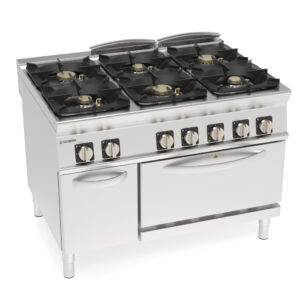 Aragaz pe gaz cu 6 arzătoare ermetice și grătare din fontă pe cuptor electric cu convecție GN1/1 cu 1 grătar