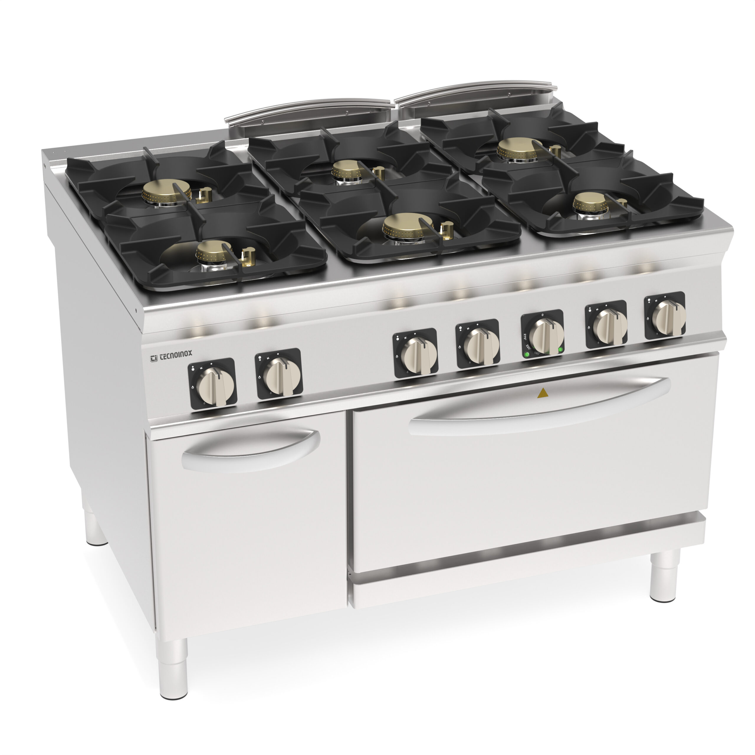Aragaz pe gaz cu 6 arzătoare ermetice și grătare din fontă pe cuptor electric cu convecție GN1/1 cu 1 grătar