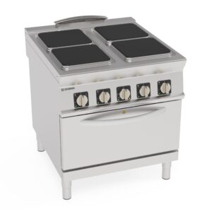 Aragaz electric cu 4 plite pătrate hermetice (30x30 cm) pe cuptor electric cu convecție GN1/1 cu 1 grilaj