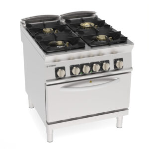 Aragaz pe gaz cu 4 arzătoare ermetice super și grătare din fontă pe cuptor static electric GN2/1 cu 1 grătar