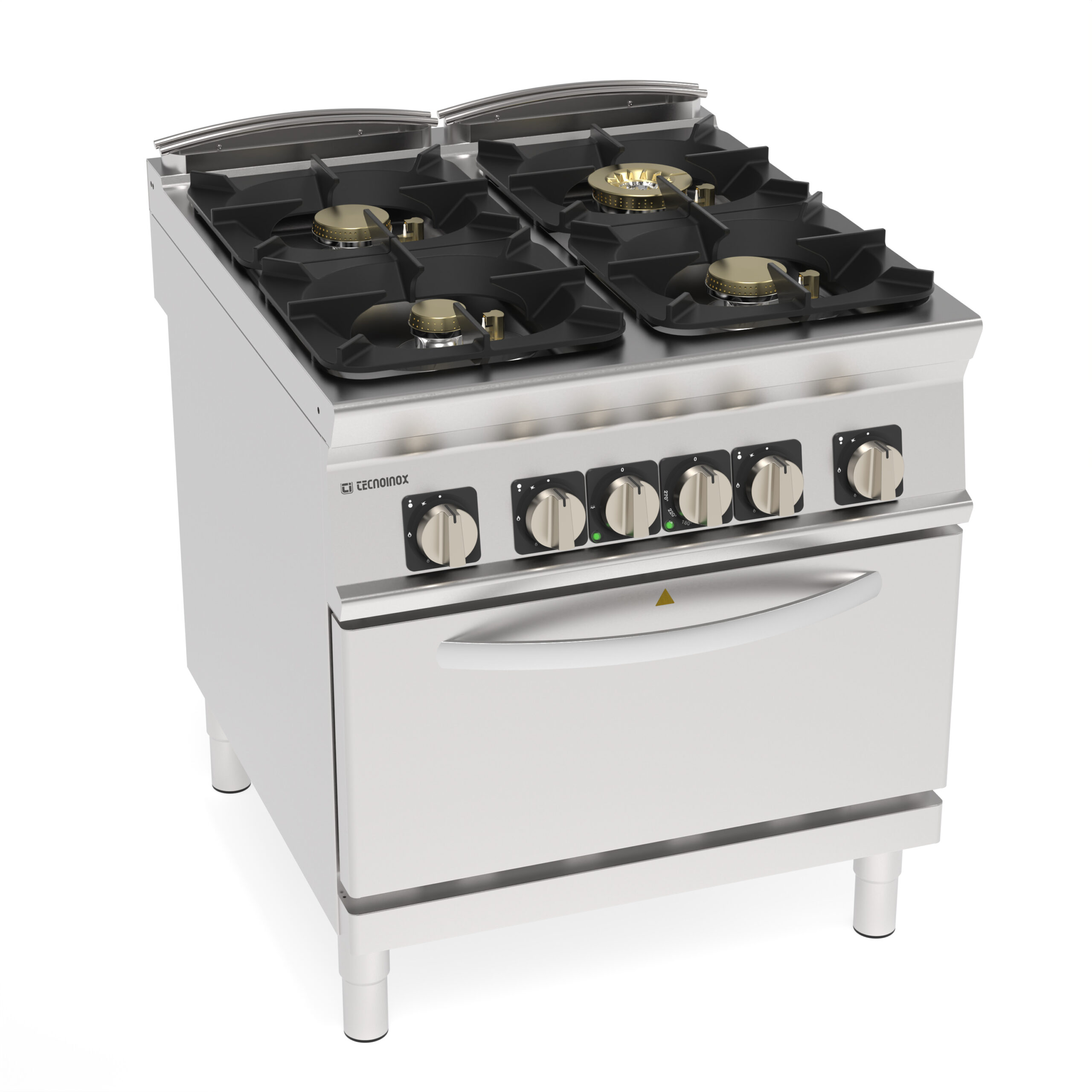Aragaz pe gaz cu 4 arzătoare ermetice super și grătare din fontă pe cuptor static electric GN2/1 cu 1 grătar