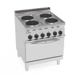 Plită electrică cu 4 plite rotunde ermetice pe cuptor electric static GN2/1 cu 1 grătar (diam 22 cm)