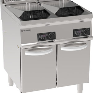 Friteuză electrică cu două cuve de 14+14L, cu elemente de încălzire rabatabile și control electronic pe dulap închis