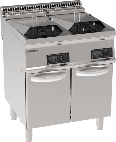 Friteuză electrică cu două cuve de 14+14L, cu elemente de încălzire rabatabile și control electronic pe dulap închis