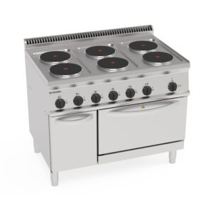 Aragaz electric cu 4 plite pătrate coplanare (30x30 cm) pe cuptor electric static GN2/1 cu 1 grătar