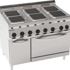 Aragaz electric cu 6 plite pătrate hermetice pe cuptor electric static GN2/1 cu 1 grilaj (plită 22x22 cm)