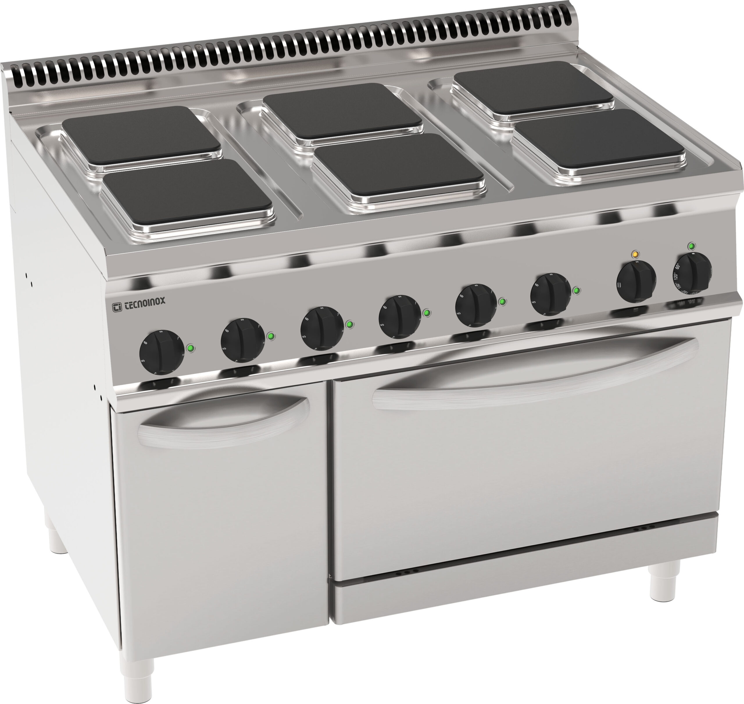 Aragaz electric cu 6 plite pătrate hermetice pe cuptor electric static GN2/1 cu 1 grilaj (plită 22x22 cm)