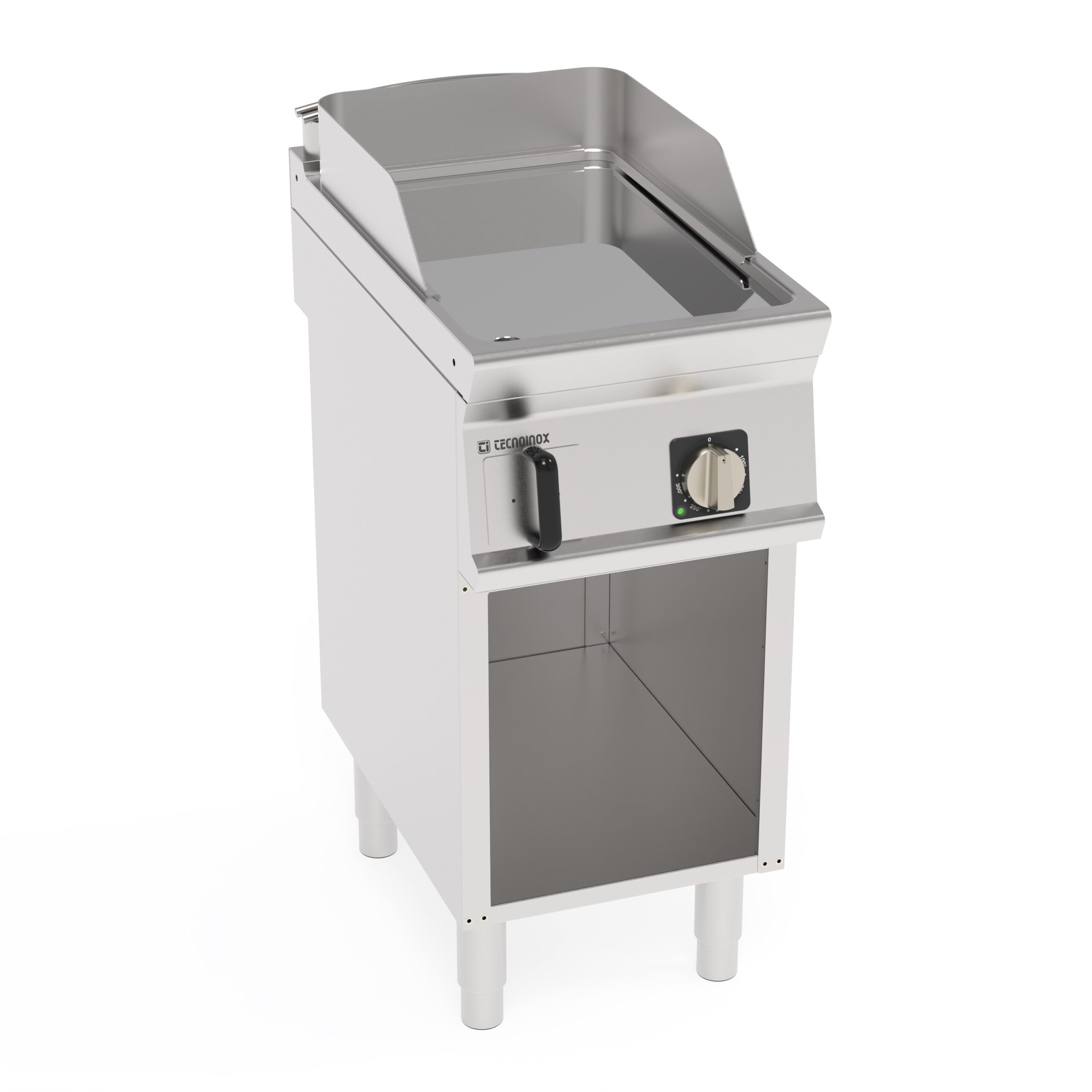 Grătar electric independent cu placă netedă cromată pe dulap deschis