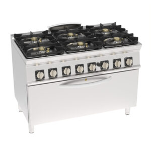 Aragaz pe gaz cu 6 arzătoare ermetice, grătare din fontă pe cuptor pe gaz de dimensiune completă (92.5x63x40 cm) cu grill electric și 1 grătar