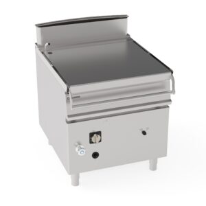 Tigaie basculantă pe gaz, de sine stătătoare, 80L, cu cuvă din oțel inoxidabil AISI 304, pe cabinet închis - mecanism de ridicare motorizat