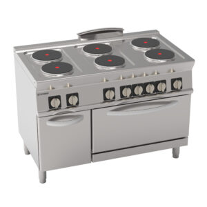 Aragaz electric cu 6 plite rotunde ermetice și cuptor electric static GN2/1