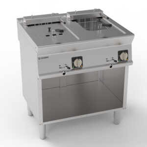 Friteuză electrică independentă două cuve 8+8L cu elemente de încălzire rabatabile în cuvă pe dulap deschis