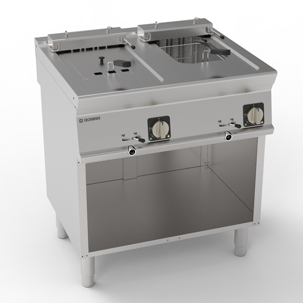 Friteuză electrică independentă două cuve 8+8L cu elemente de încălzire rabatabile în cuvă pe dulap deschis