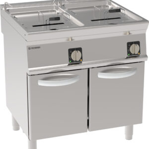 Friteuză electrică independentă două cuve 17+17L cu elemente de încălzire rotative în cuvă pe dulap închis