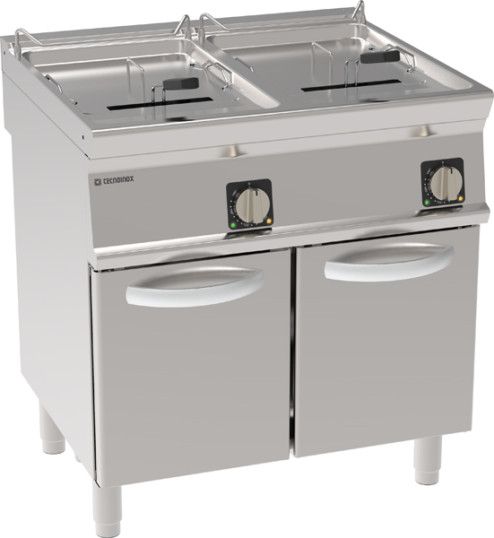Friteuză electrică independentă două cuve 17+17L cu elemente de încălzire rotative în cuvă pe dulap închis