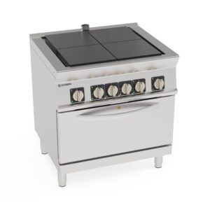 Aragaz electric cu 4 plite pătrate coplanare rabatabile pe cuptor electric cu convecție GN1/1