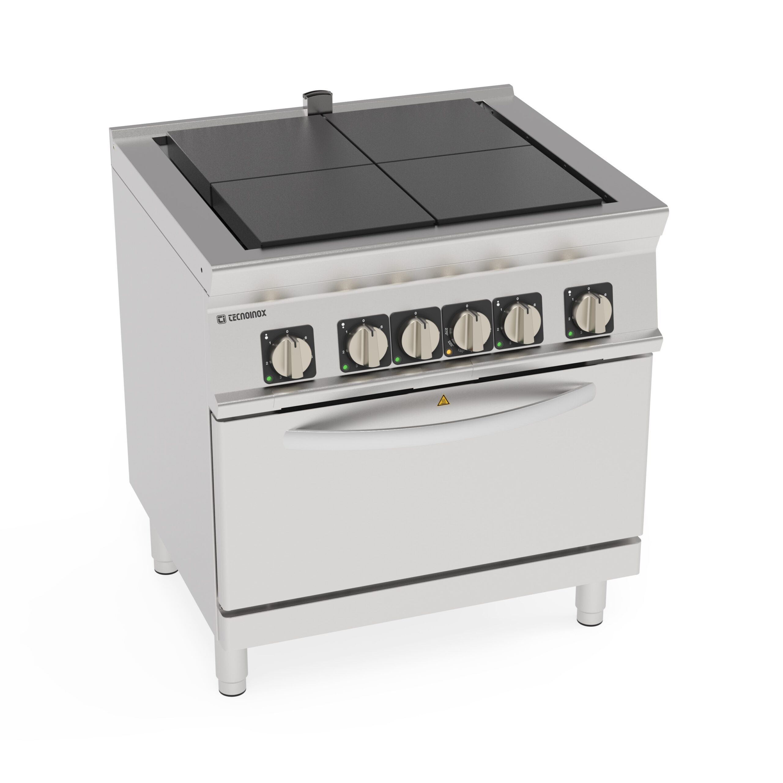 Aragaz electric cu 4 plite pătrate coplanare rabatabile pe cuptor electric cu convecție GN1/1