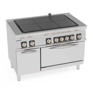 Aragaz electric cu 6 plite pătrate coplanare rabatabile pe cuptor electric cu convecție GN1/1