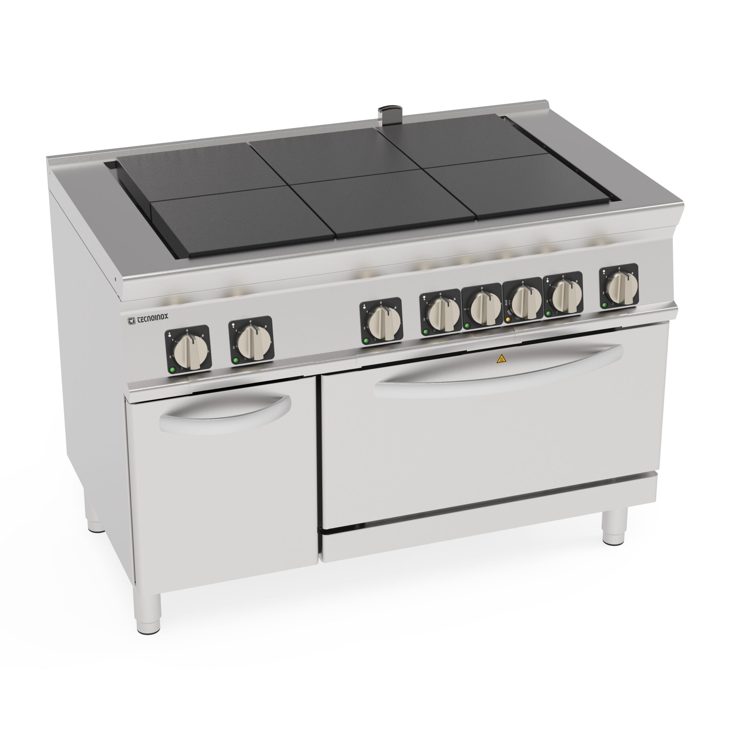 Aragaz electric cu 6 plite pătrate coplanare rabatabile pe cuptor electric cu convecție GN1/1