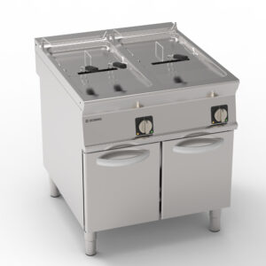 Friteuză electrică cu două cuve 21+21L, cu elemente de încălzire rotative în cuvă, pe cabinet închis