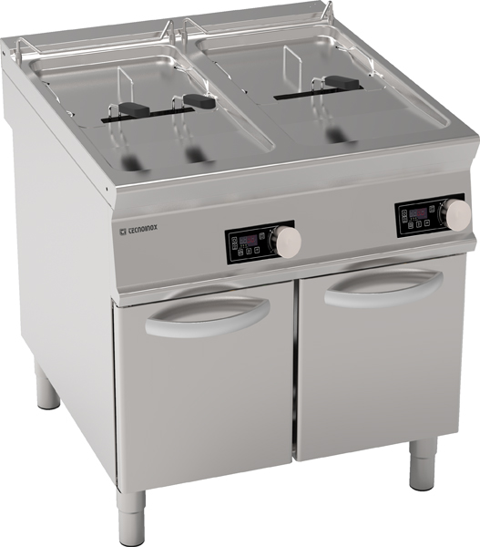 Friteuză electrică cu două cuve 17+17L, control electronic și elemente de încălzire rotative în cuvă, pe cabinet închis