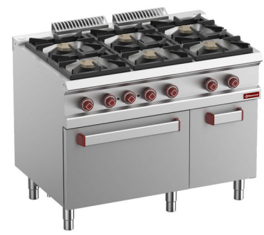Aragaz pe gaz cu 6 arzătoare, cuptor electric cu convecție GN 1/1 și dulap neutru - SILVER 700