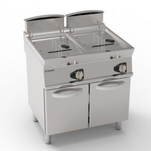 Friteuză pe gaz independentă, două cuve 17+17L, cu schimbătoare de căldură în cuvă pe dulap închis