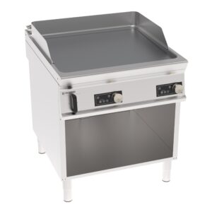 Grătar electric pe suport cu placă netedă, cromată, periată și control electronic, pe cabinet deschis