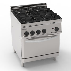 Aragaz pe gaz cu 4 arzătoare, grătar din fontă, pe cuptor static pe gaz GN 2/1 și 1 grătar