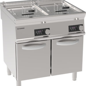 Friteuză electrică de sine stătătoare, cu cuvă dublă 13+13L, control electronic și elemente de încălzire rotative în cuvă, pe cabinet închis