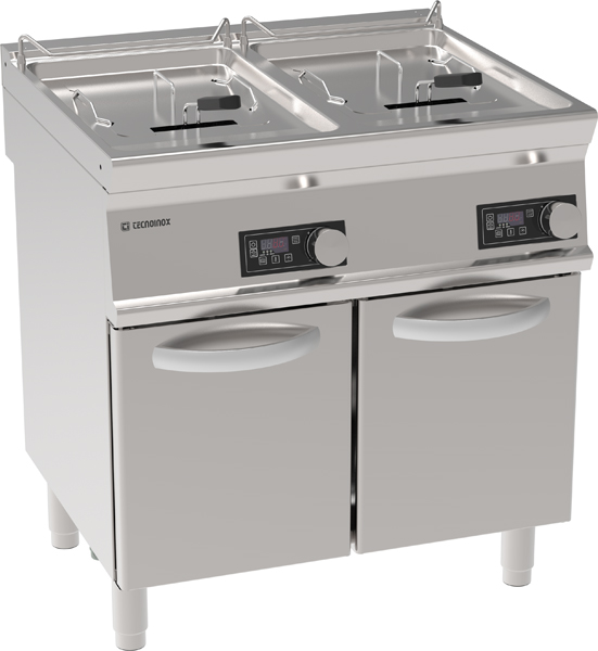 Friteuză electrică de sine stătătoare, cu cuvă dublă 13+13L, control electronic și elemente de încălzire rotative în cuvă, pe cabinet închis