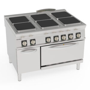 Aragaz electric cu 6 plite pătrate hermetice (30x30 cm) pe cuptor electric cu convecție GN1/1 cu 1 grilaj