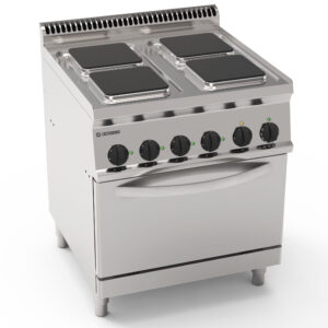 Plită electrică cu 4 plite pătrate ermetice pe cuptor electric static GN2/1 cu 1 grătar (plită 22x22 cm)