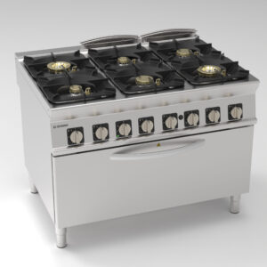 Aragaz pe gaz cu 6 arzătoare ermetice super și grătare din fontă pe cuptor static pe gaz de mari dimensiuni și grill electric cu 1 grătar
