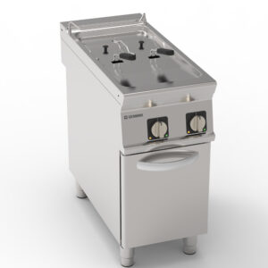 Friteuză electrică cu două cuve 8+8L, cu elemente de încălzire rotative în cuvă, pe cabinet închis