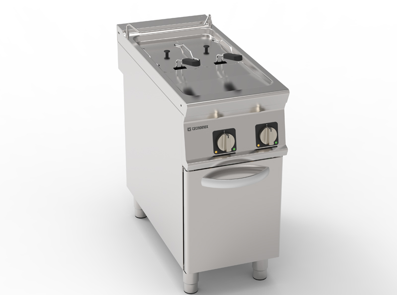 Friteuză electrică cu două cuve 8+8L, cu elemente de încălzire rotative în cuvă, pe cabinet închis
