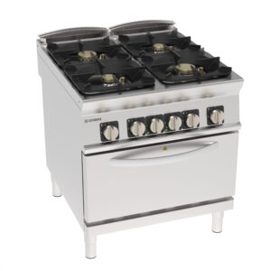 Aragaz pe gaz cu 4 arzătoare ermetice și grătare din fontă pe cuptor static electric GN2/1 cu 1 grătar