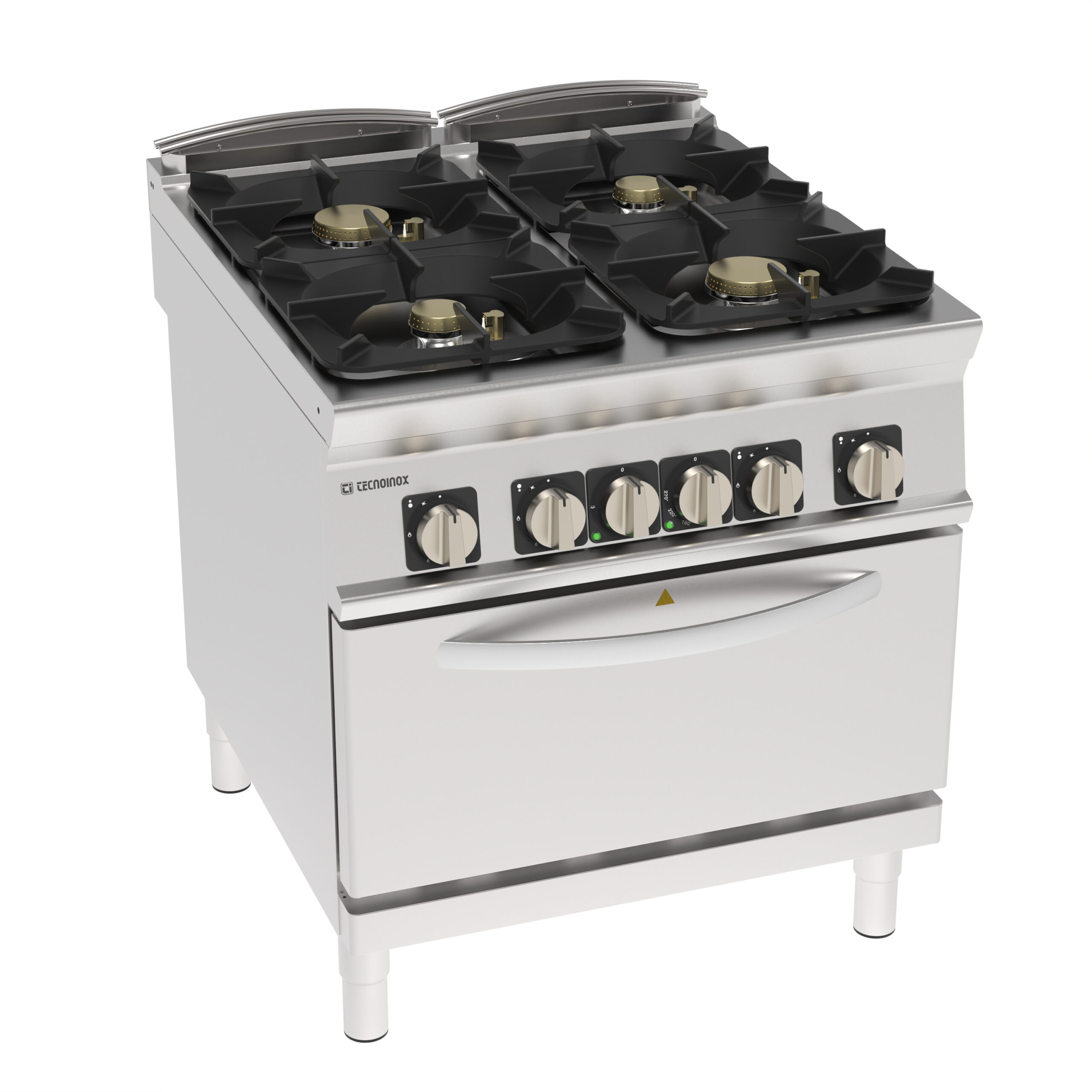 Aragaz pe gaz cu 4 arzătoare ermetice și grătare din fontă pe cuptor static electric GN2/1 cu 1 grătar