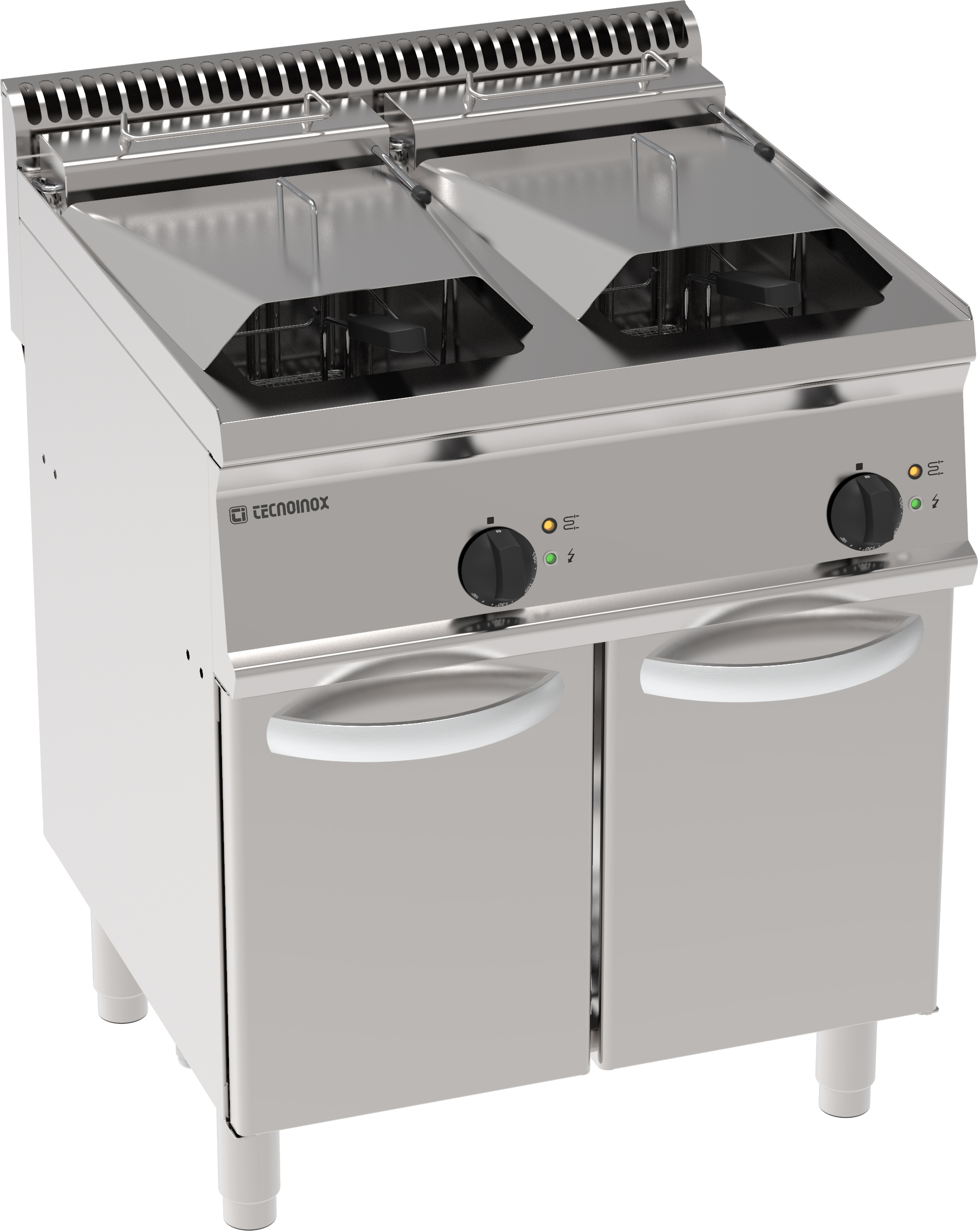 Friteuză electrică cu două cuve de 14+14L, cu elemente de încălzire rabatabile în cuvă pe dulap închis