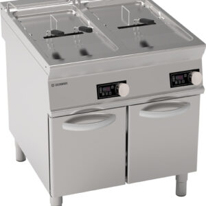 Friteuză electrică cu două cuve 21+21L, control electronic și elemente de încălzire rotative în cuvă, pe cabinet închis