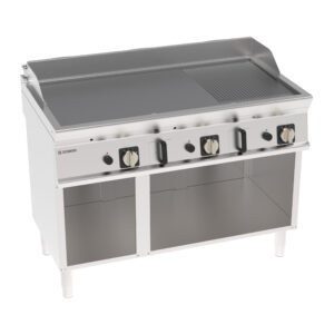 Grill pe gaz independent cu placă periată, cromată, 1/3 striată pe dulap deschis