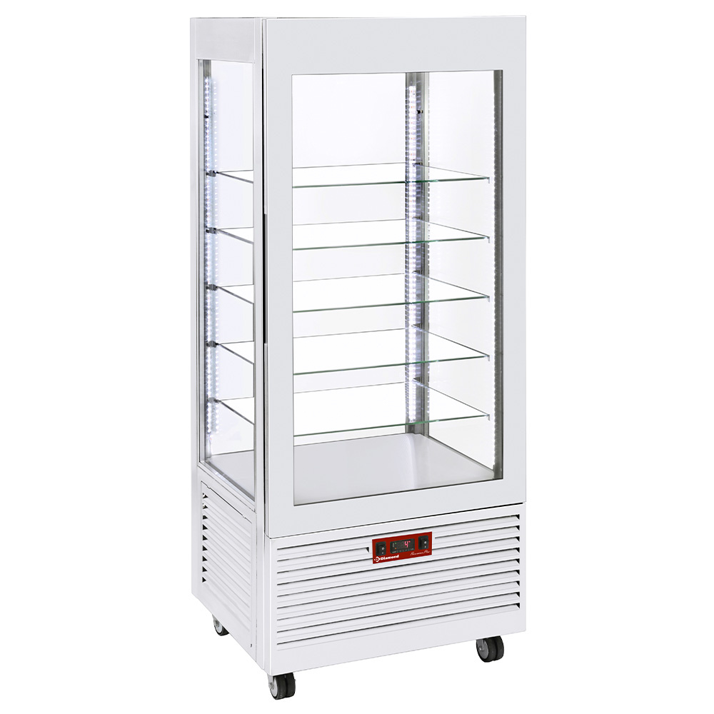 Vitrină 4 fețe temperatură pozitivă, 5 rafturi din sticlă, ventilată, 480 Lit, ALB
