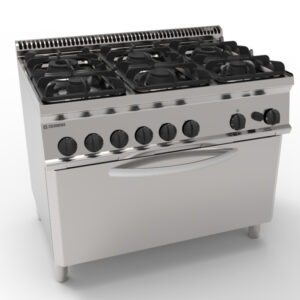 Aragaz pe gaz cu 6 arzătoare pe cuptor static pe gaz de dimensiune completă și grill electric