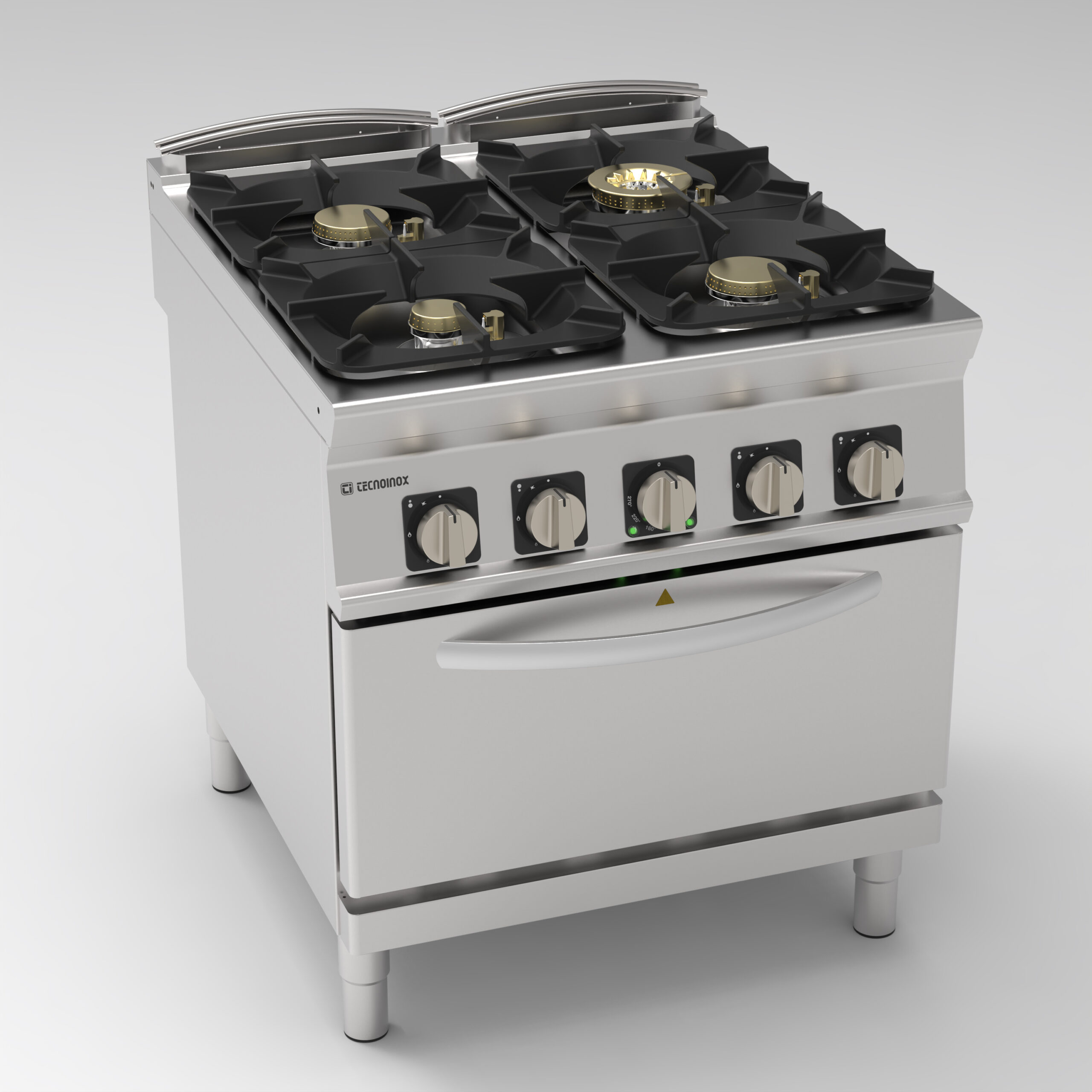 Aragaz pe gaz cu 4 arzătoare ermetice super și grătare din fontă pe cuptor electric cu convecție GN1/1 cu 1 grătar