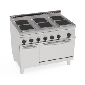 Aragaz electric cu 6 plite pătrate hermetice (22x22 cm) pe cuptor electric cu convecție GN1/1 cu 1 grilaj