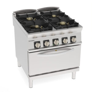 Aragaz pe gaz cu 4 arzătoare ermetice și grătare din fontă pe cuptor electric ventilat GN1/1 cu 1 grătar