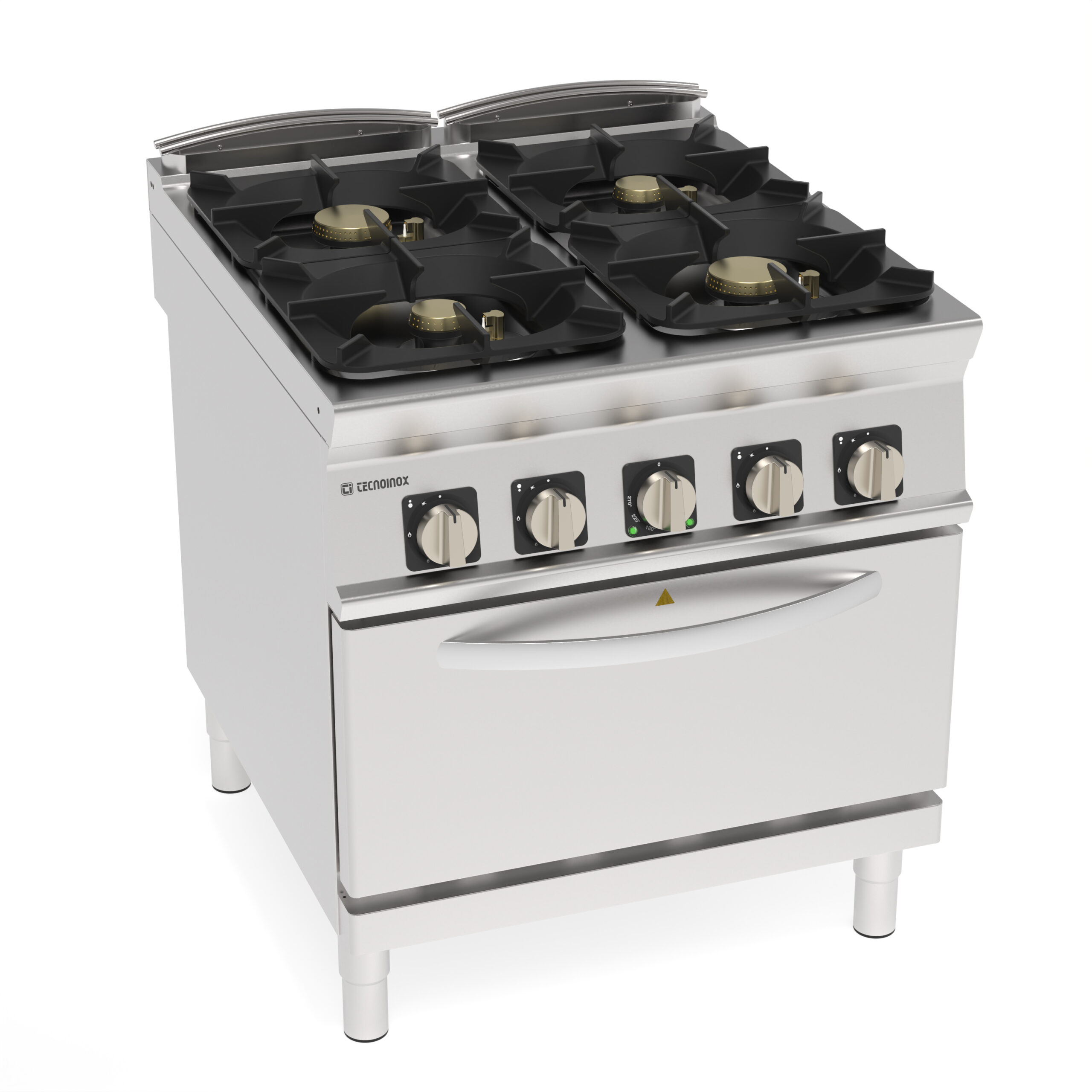 Aragaz pe gaz cu 4 arzătoare ermetice și grătare din fontă pe cuptor electric ventilat GN1/1 cu 1 grătar