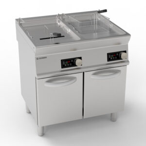 Friteuză electrică de sine stătătoare, cu cuvă dublă 17+17L, control electronic și elemente de încălzire rotative în cuvă, pe cabinet închis